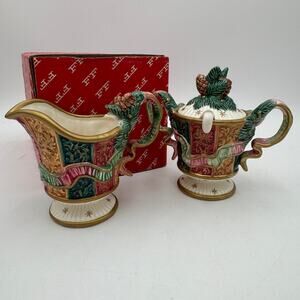 Vintage Fitz and Floyd Sugar and Creamer with Spoon, Damask Christmas with Box